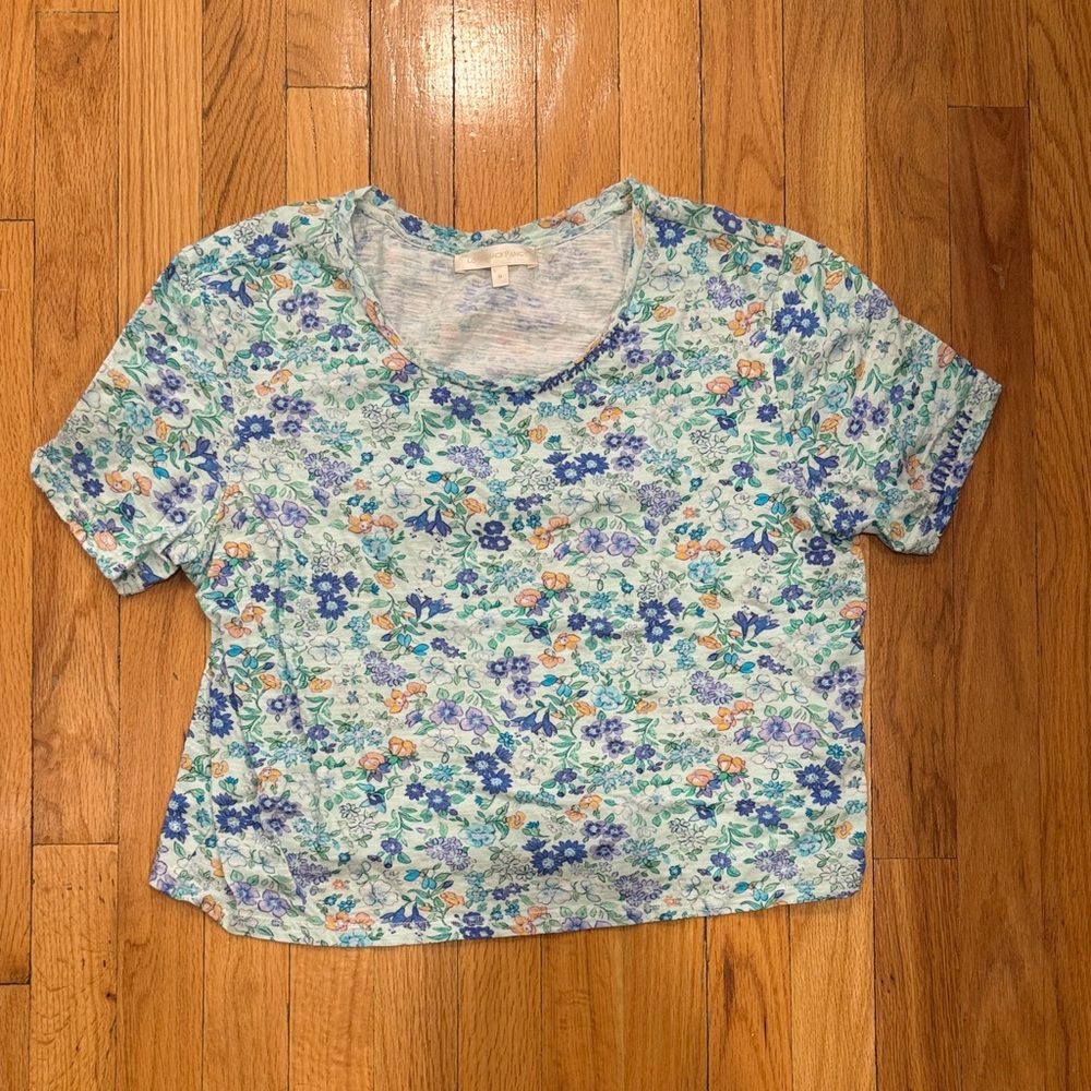 LoveShackFancy Women’s Blue and Orange Floral Short Sleeve Top Size M